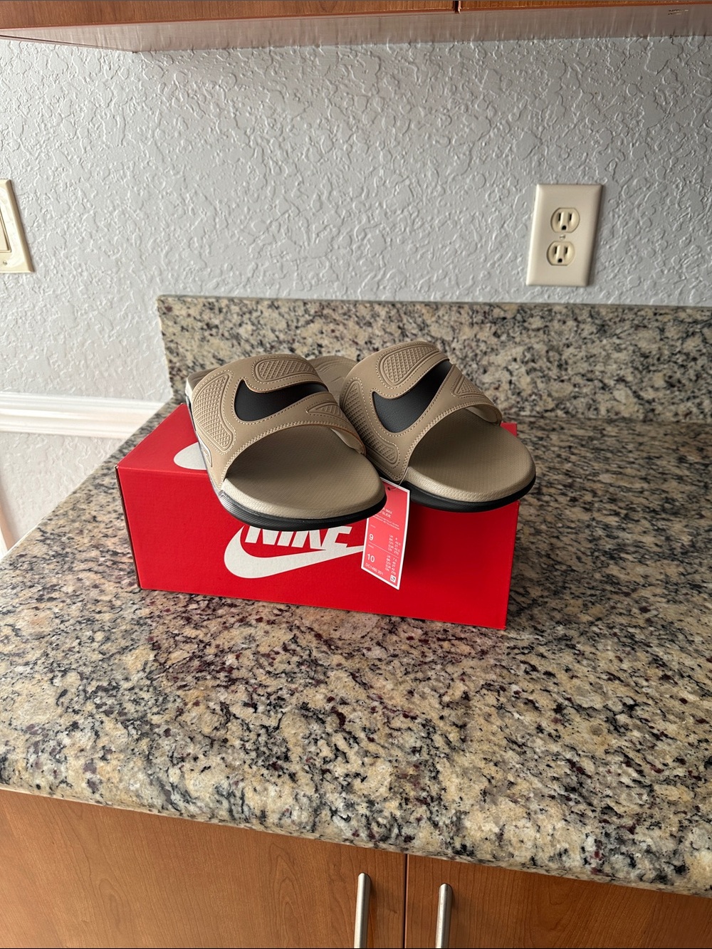Nike Khaki men’s Slide Sandals with Black Swoosh